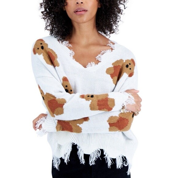 Just Polly NY Teddy Bear Sweater Women's Medium V-Neck Fray Frilly Knit - Picture 14 of 14